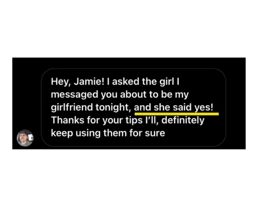 Text message: she said yes to being his girlfriend, thanking Jamie for the tips