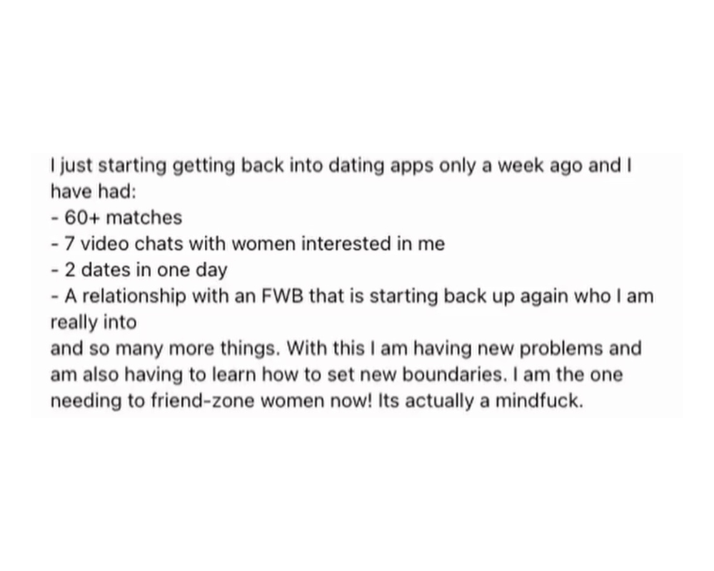 Social media post describing dating app progress