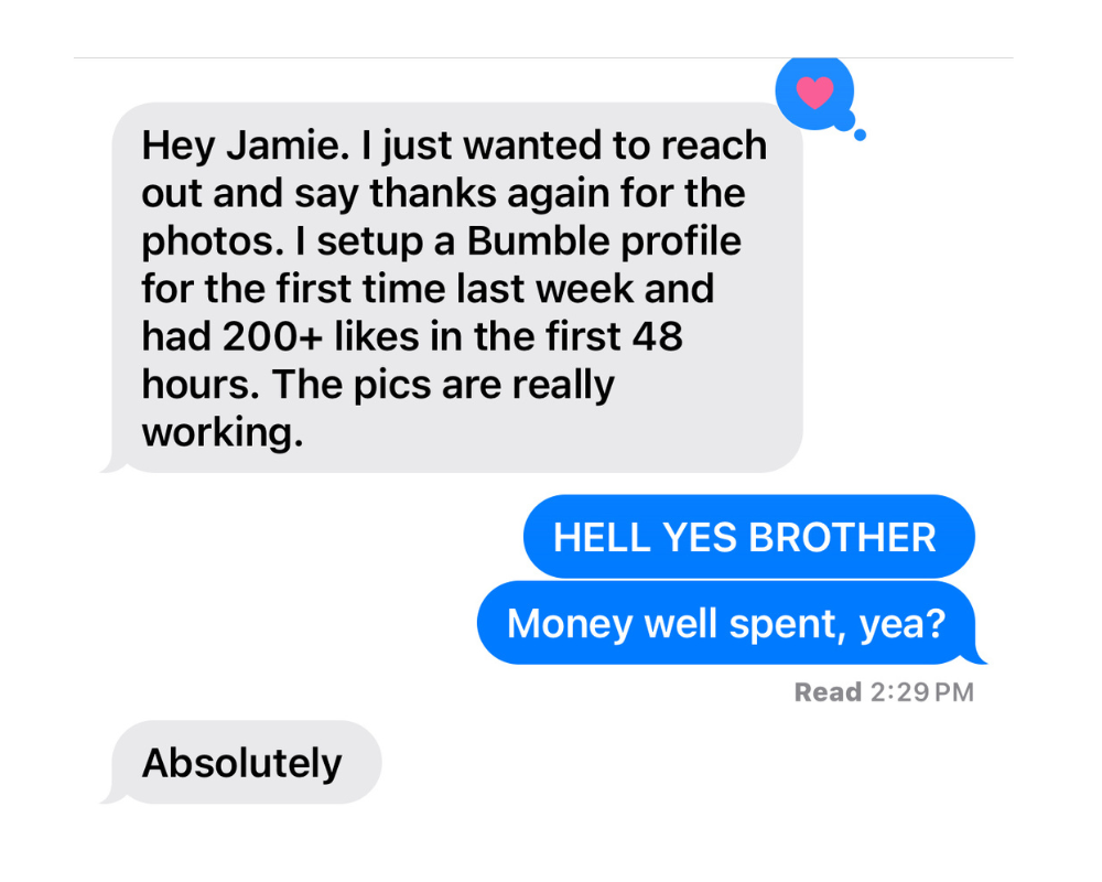 Text message: over 200 likes after setting up a Bumble profile