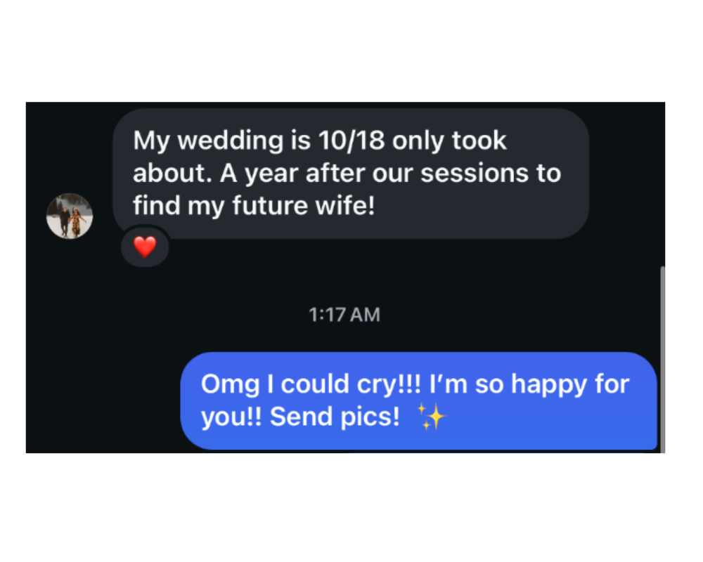 Text message: wedding on October 18th after a year of sessions