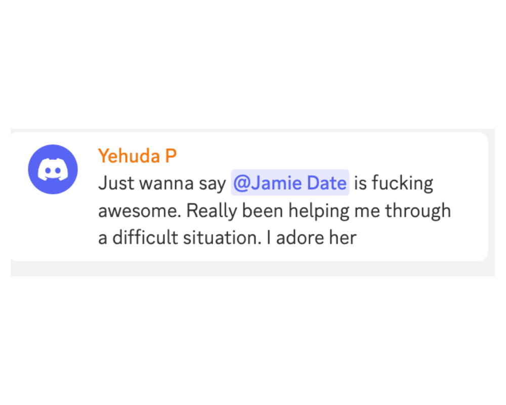 Discord message from Yehuda P. praising Jamie's help